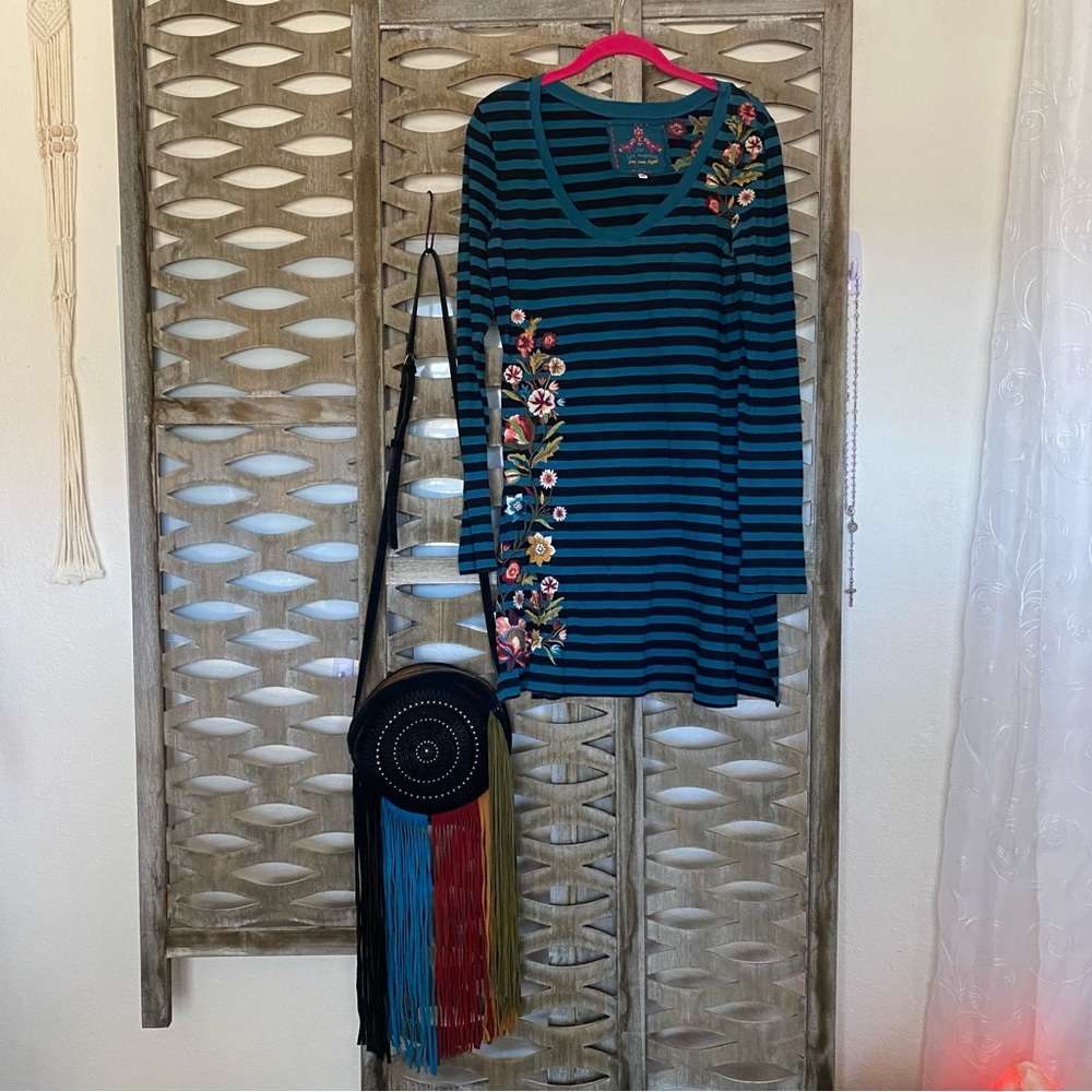 Johnny Was Blue and Black Embellished Tunic 3/4 Sleeve